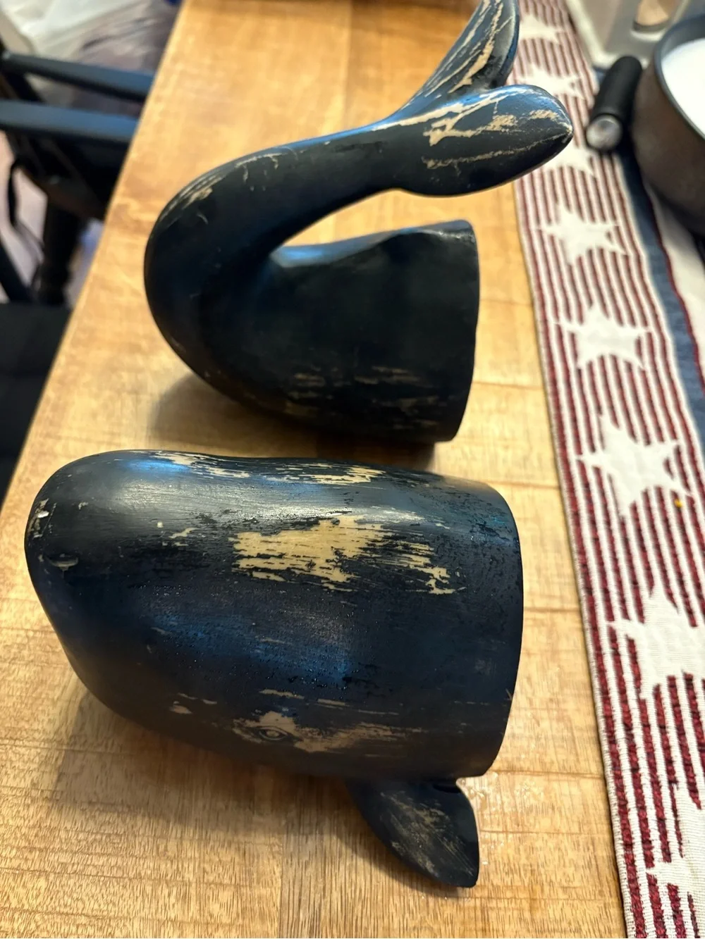 Wooden Whale bookends Sculpture in Distressed Navy